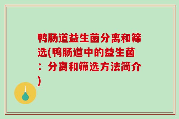 鸭肠道益生菌分离和筛选(鸭肠道中的益生菌：分离和筛选方法简介)
