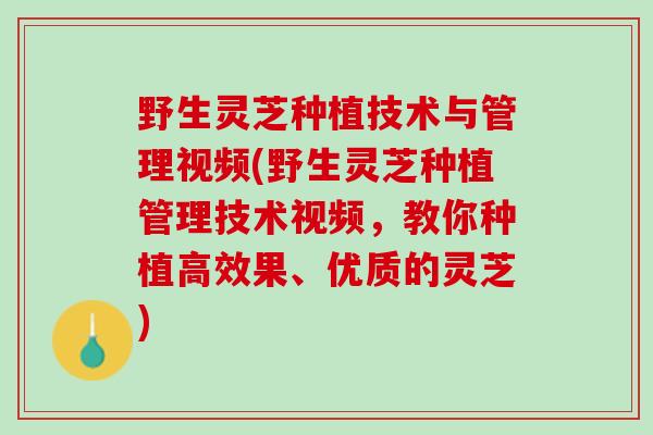野生灵芝种植技术与管理视频(野生灵芝种植管理技术视频，教你种植高效果、优质的灵芝)